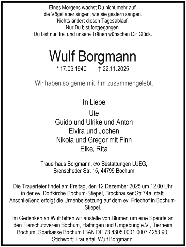  Traueranzeige für Wulf Borgmann vom 06.12.2025 aus Tageszeitung