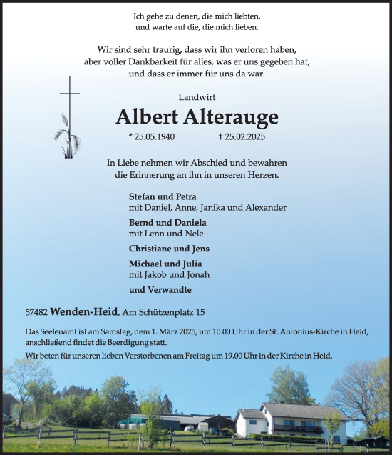 Traueranzeige von Albert Alterauge von Tageszeitung