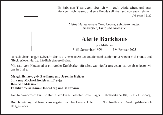 Traueranzeige von Alette Backhaus von Tageszeitung