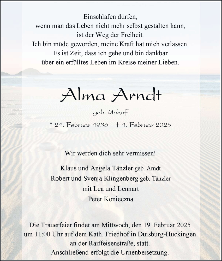  Traueranzeige für Alma Arndt vom 08.02.2025 aus Tageszeitung