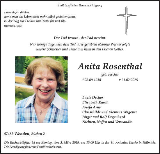 Traueranzeige von Anita Rosenthal von Tageszeitung