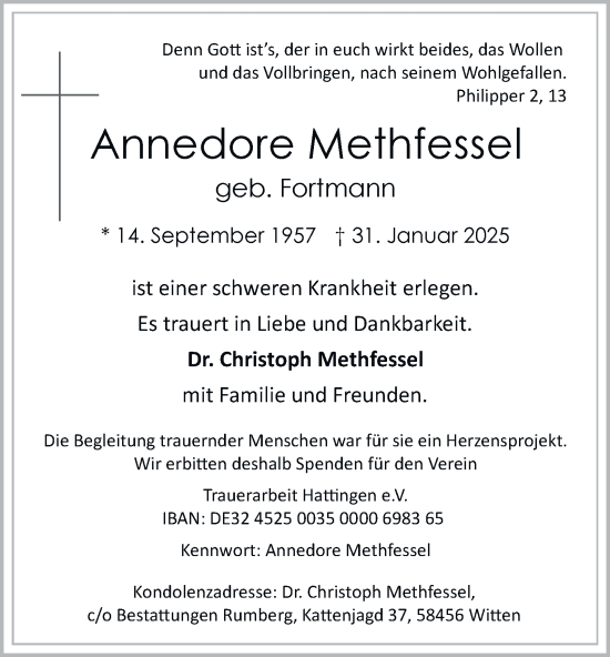 Traueranzeige von Annedore Methfessel von Tageszeitung