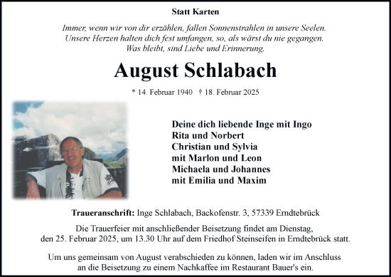 Traueranzeige von August Schlabach von Tageszeitung
