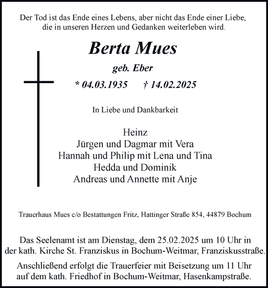 Traueranzeige von Berta Mues von Tageszeitung