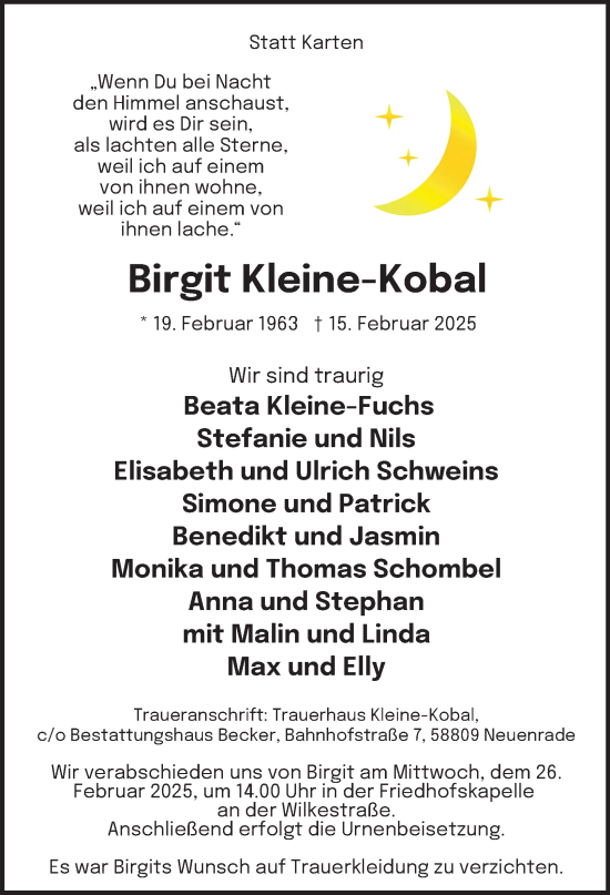 Traueranzeige von Birgit Kleine-Kobal von Tageszeitung