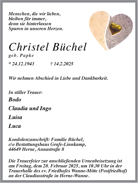 Traueranzeige von Christel Büchel von Tageszeitung