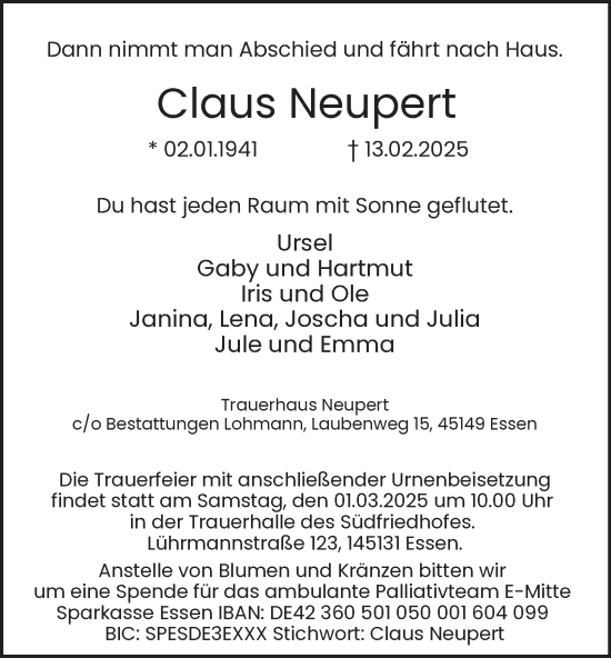 Traueranzeige von Claus Neupert von Tageszeitung