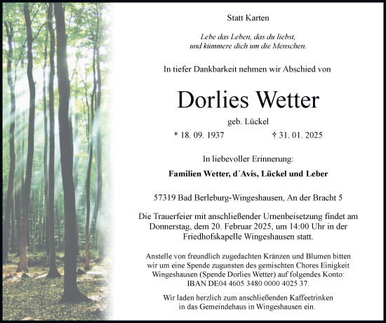 Traueranzeige von Dorlies Wetter von Tageszeitung