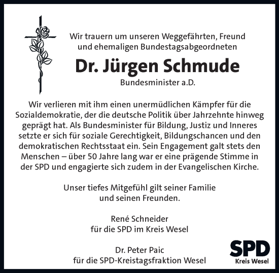 Traueranzeige von Dr. Jürgen Schmude von Tageszeitung