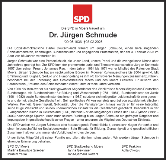Traueranzeige von Dr. Jürgen Schmude von Tageszeitung