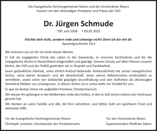 Traueranzeige von Dr. Jürgen Schmude von Tageszeitung