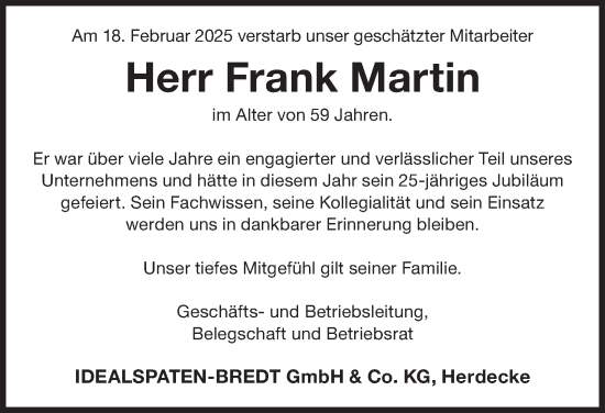 Traueranzeige von Frank Martin von Tageszeitung