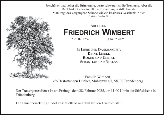 Traueranzeige von Friedrich Wimbert von Tageszeitung