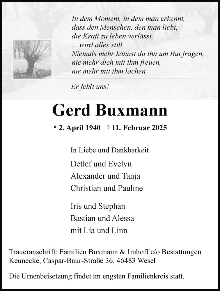  Traueranzeige für Gerd Buxmann vom 22.02.2025 aus Tageszeitung