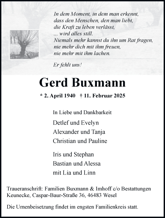Traueranzeige von Gerd Buxmann von Tageszeitung