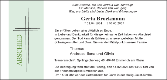 Traueranzeige von Gerta Brockmann von Tageszeitung
