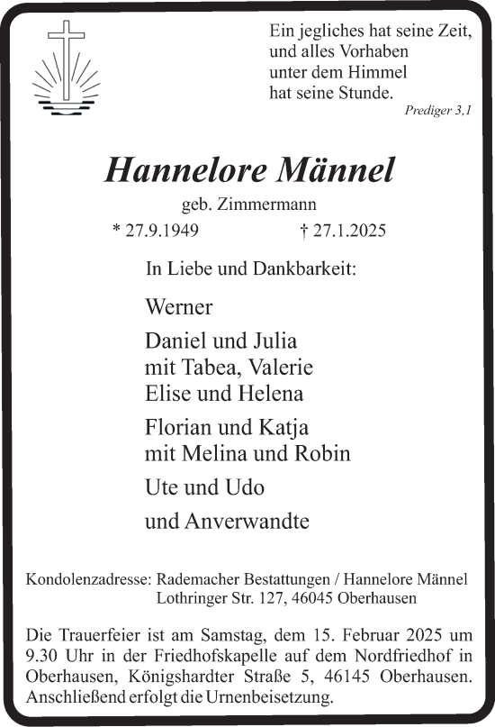 Traueranzeige von Hannelore Männel von Tageszeitung