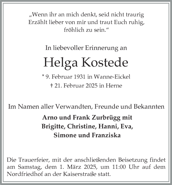 Traueranzeige von Helga Kostede von Tageszeitung