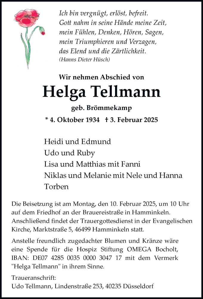  Traueranzeige für Helga Tellmann vom 08.02.2025 aus Tageszeitung