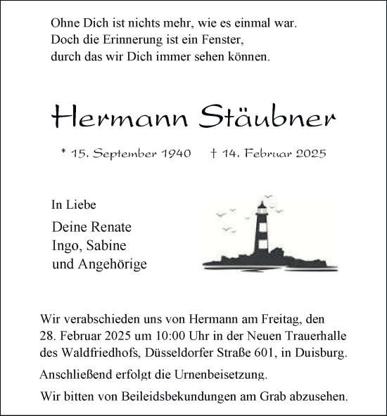 Traueranzeige von Hermann Stäubner von Tageszeitung