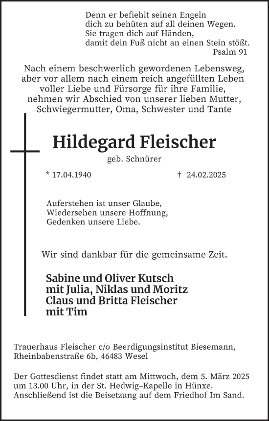Traueranzeige von Hildegard Fleischer von Tageszeitung