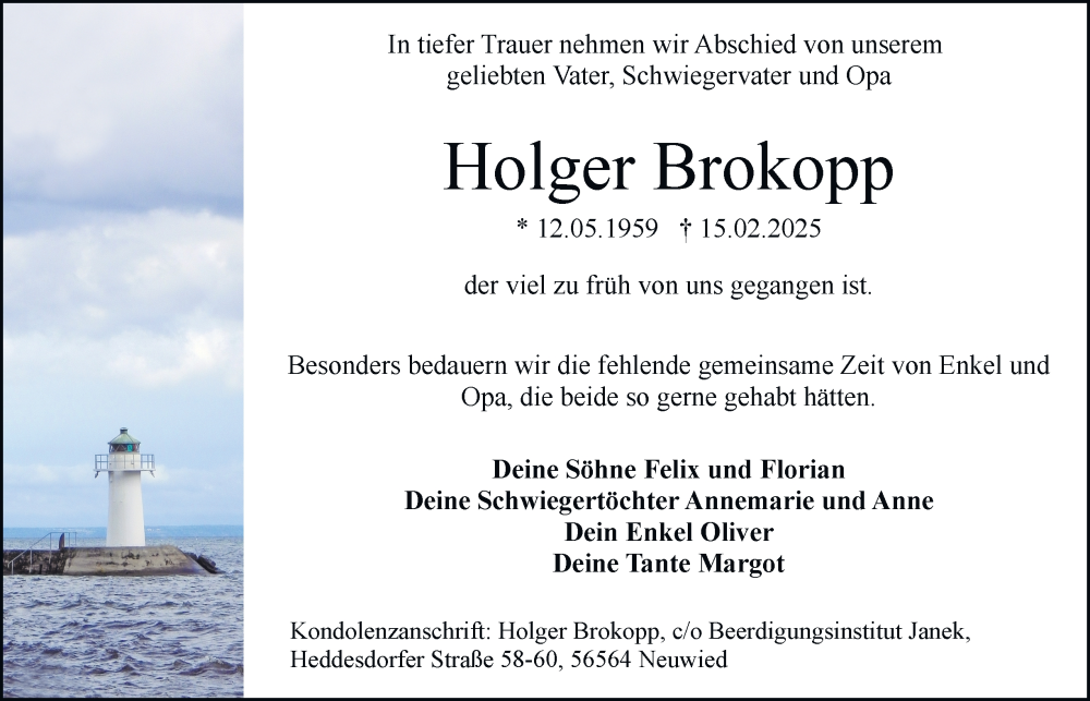  Traueranzeige für Holger Brokopp vom 22.02.2025 aus Tageszeitung