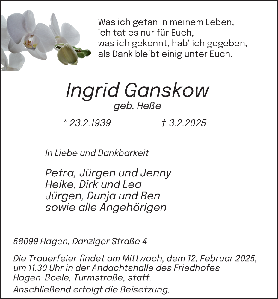  Traueranzeige für Ingrid Ganskow vom 08.02.2025 aus Tageszeitung