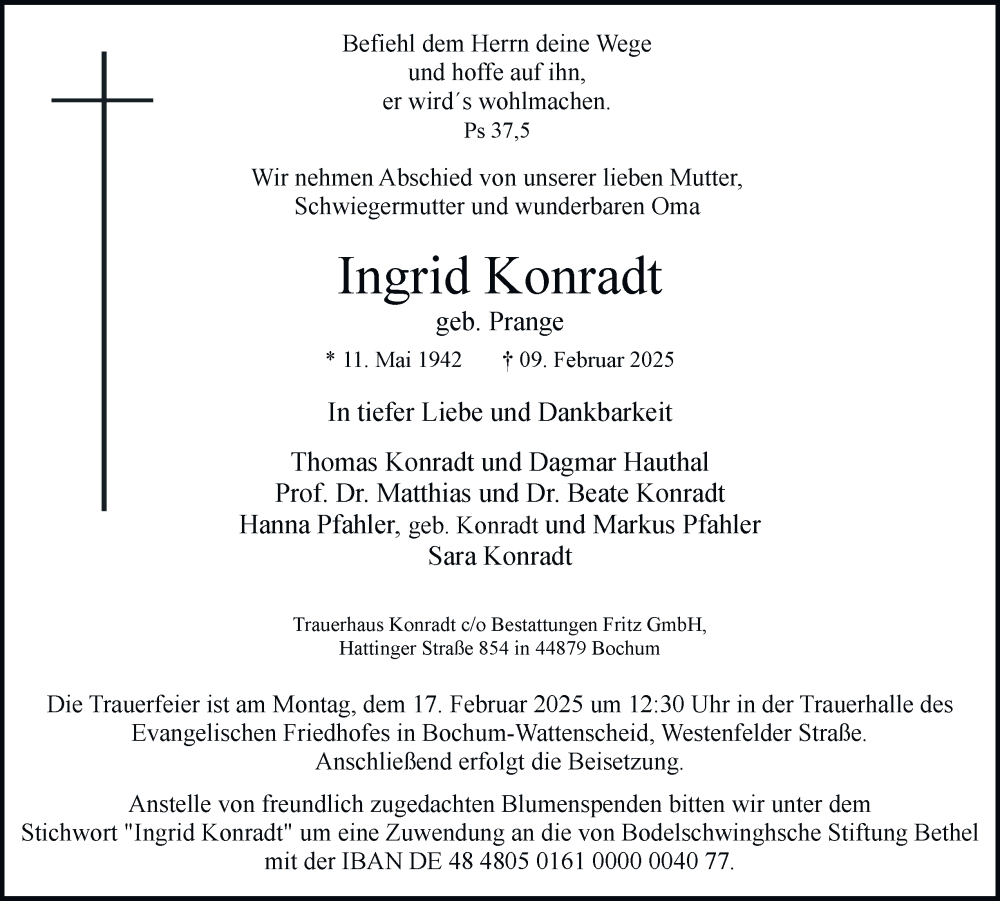 Traueranzeige für Ingrid Konradt vom 15.02.2025 aus Tageszeitung