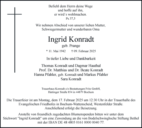Traueranzeige von Ingrid Konradt von Tageszeitung