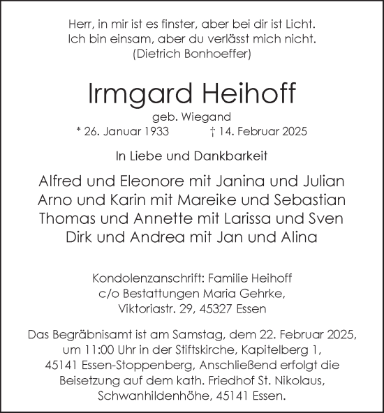 Traueranzeige von Irmgard Heihoff von Tageszeitung