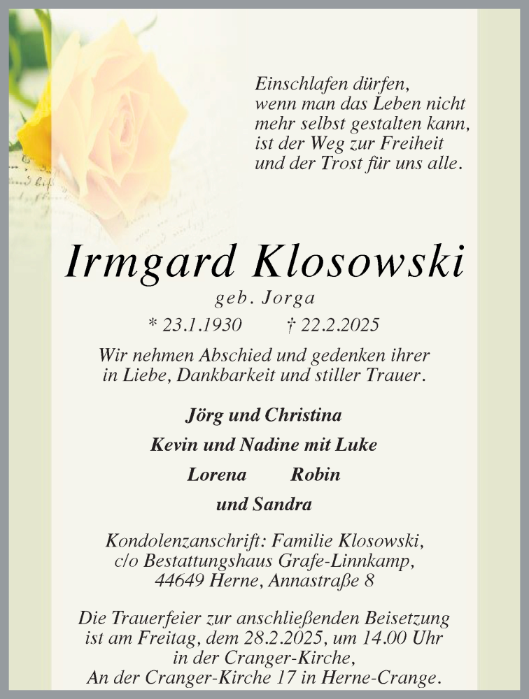  Traueranzeige für Irmgard Klosowski vom 27.02.2025 aus Tageszeitung