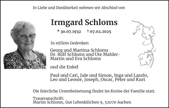 Traueranzeige von Irmgard Schloms von Tageszeitung
