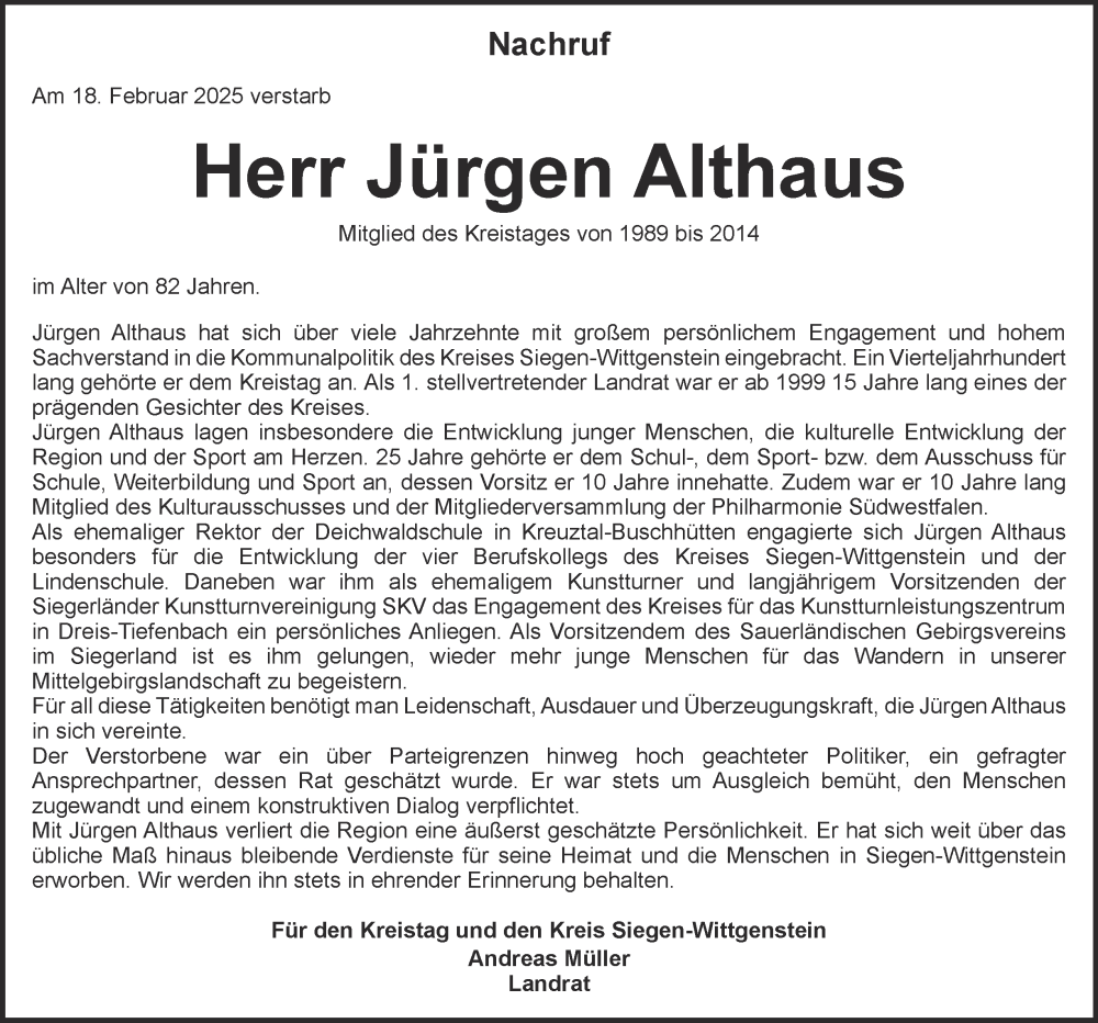  Traueranzeige für Jürgen Althaus vom 22.02.2025 aus Tageszeitung