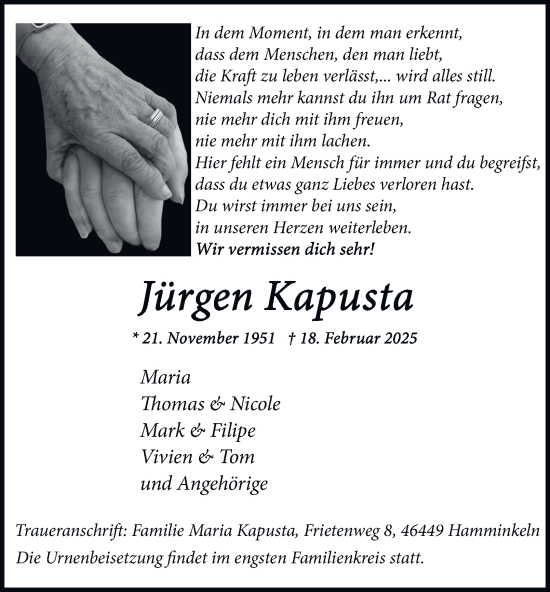 Traueranzeige von Jürgen Kapusta von Tageszeitung