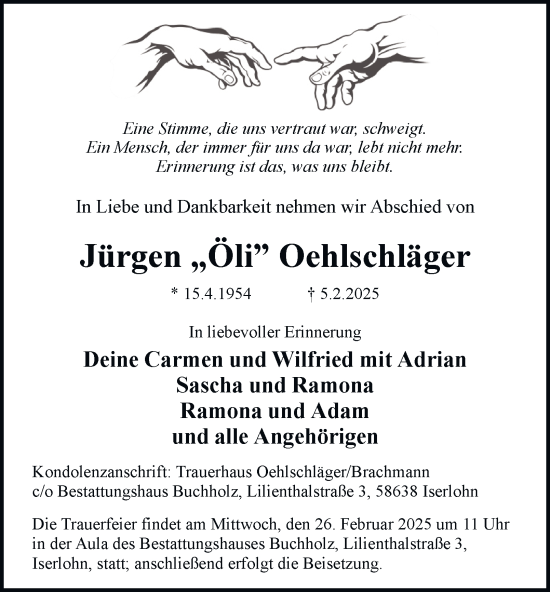 Traueranzeige von Jürgen Oehlschläger von Tageszeitung