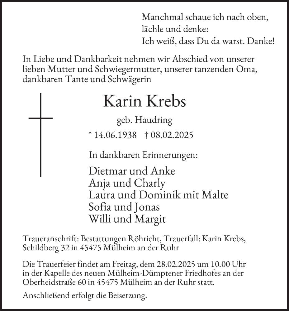  Traueranzeige für Karin Krebs vom 22.02.2025 aus Tageszeitung