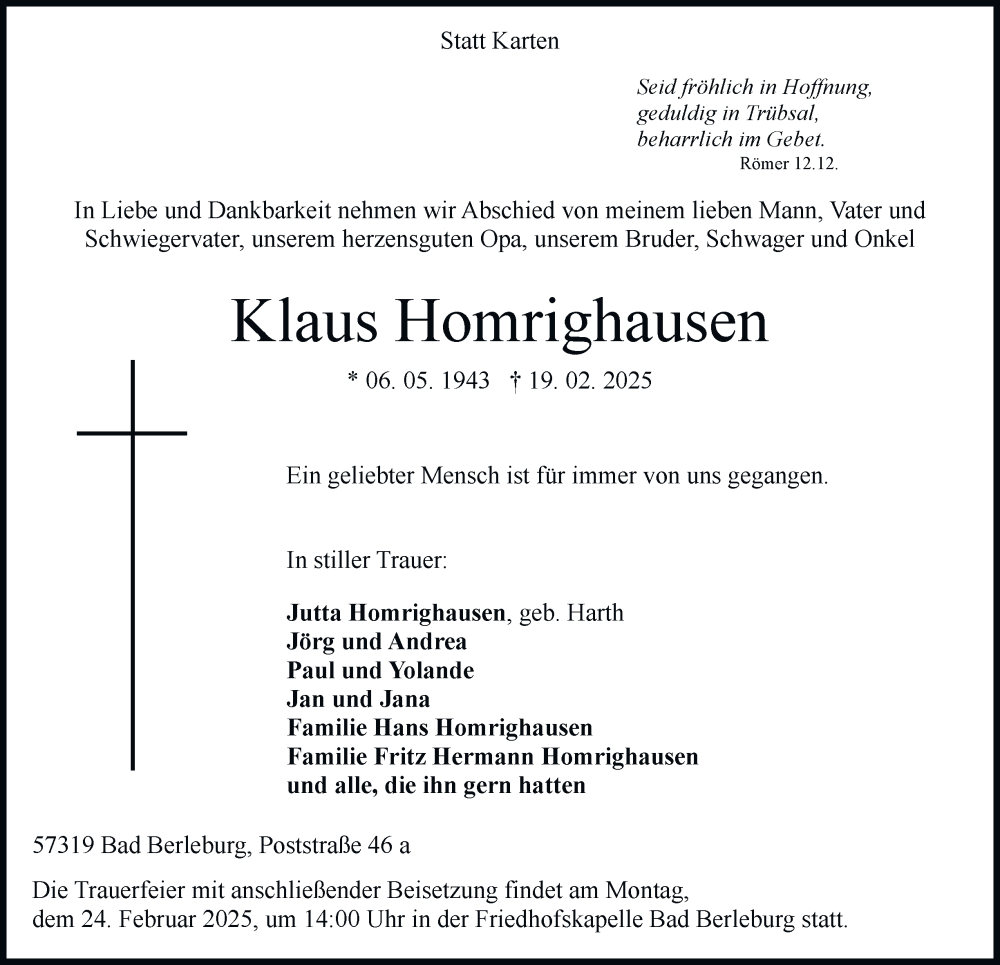  Traueranzeige für Klaus Homrighausen vom 22.02.2025 aus Tageszeitung