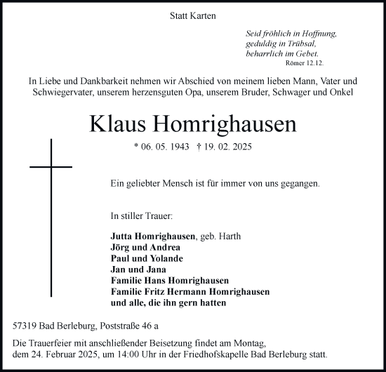 Traueranzeige von Klaus Homrighausen von Tageszeitung