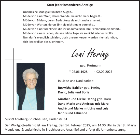 Traueranzeige von Leni Hering von Tageszeitung