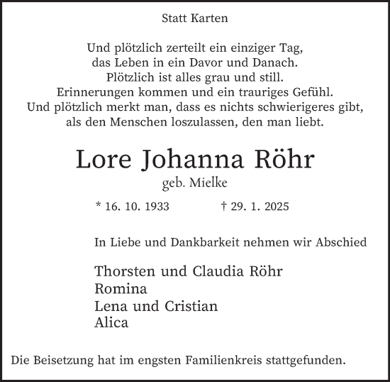 Traueranzeige von Lore Johanna Röhr von Tageszeitung