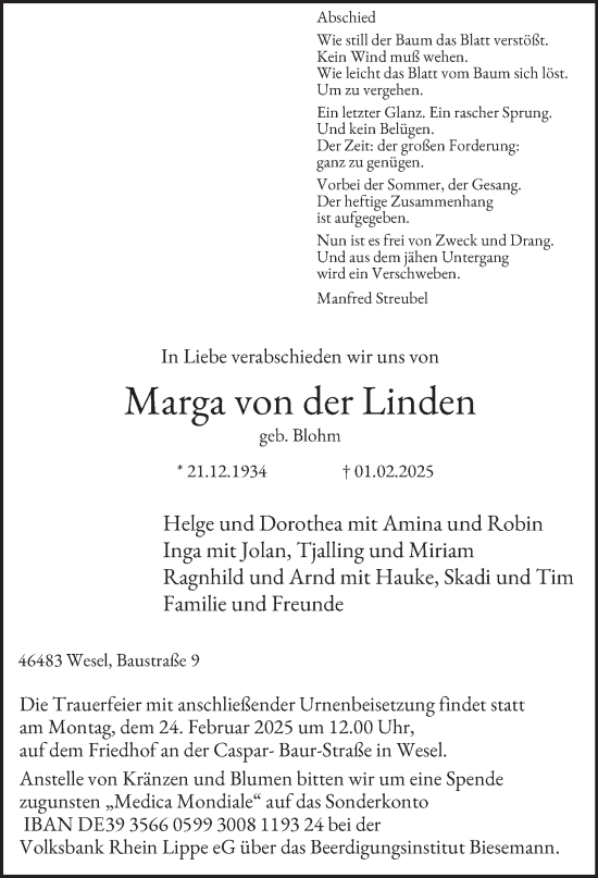 Traueranzeige von Marga von der Linden von Tageszeitung