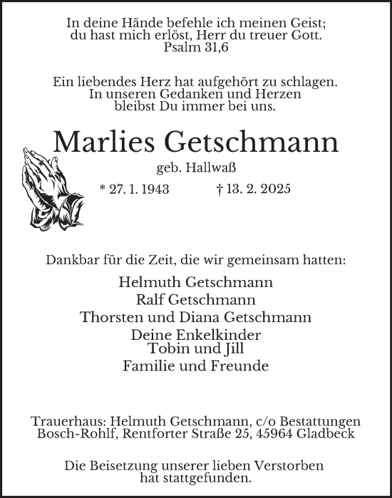Traueranzeige von Marlies Getschmann von Tageszeitung