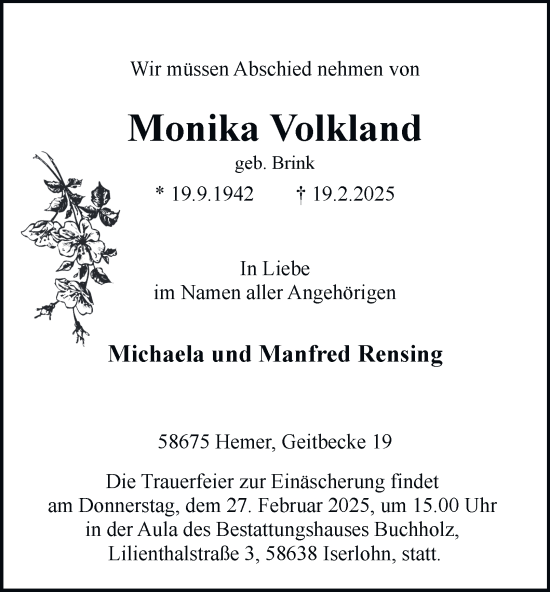 Traueranzeige von Monika Volkland von Tageszeitung