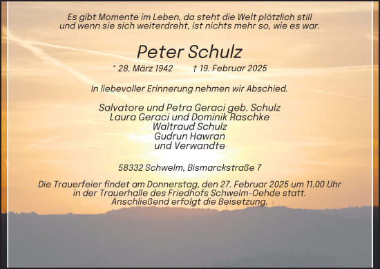 Traueranzeige von Peter Schulz von Tageszeitung