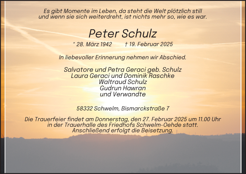  Traueranzeige für Peter Schulz vom 22.02.2025 aus Tageszeitung