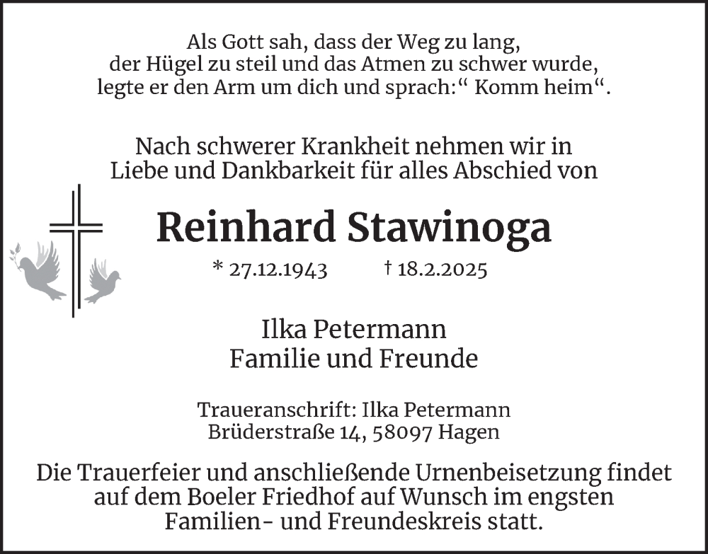  Traueranzeige für Reinhard Stawinoga vom 22.02.2025 aus Tageszeitung