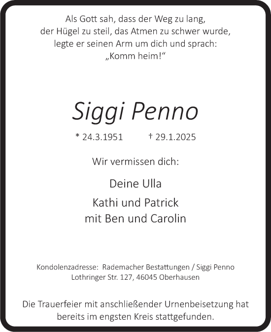 Traueranzeige von Siggi Penno von Tageszeitung