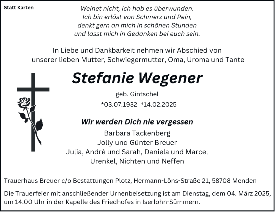 Traueranzeige von Stefanie Wegener von Tageszeitung