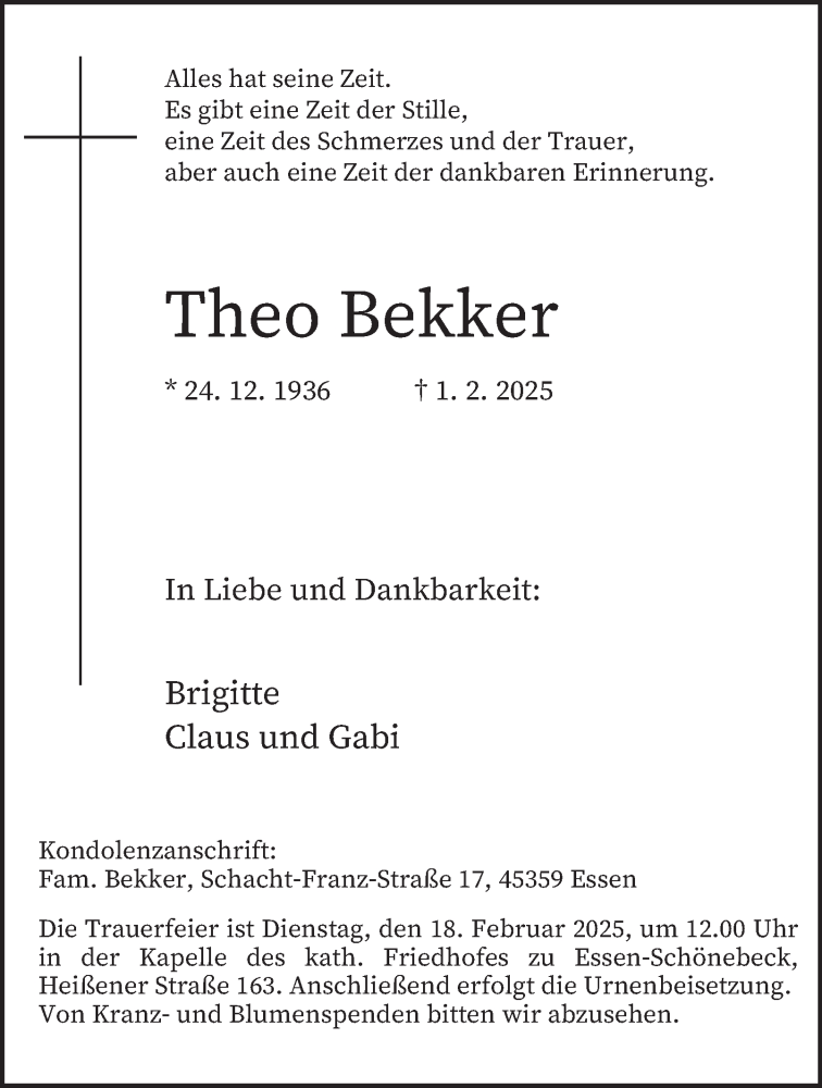  Traueranzeige für Theo Bekker vom 08.02.2025 aus Tageszeitung