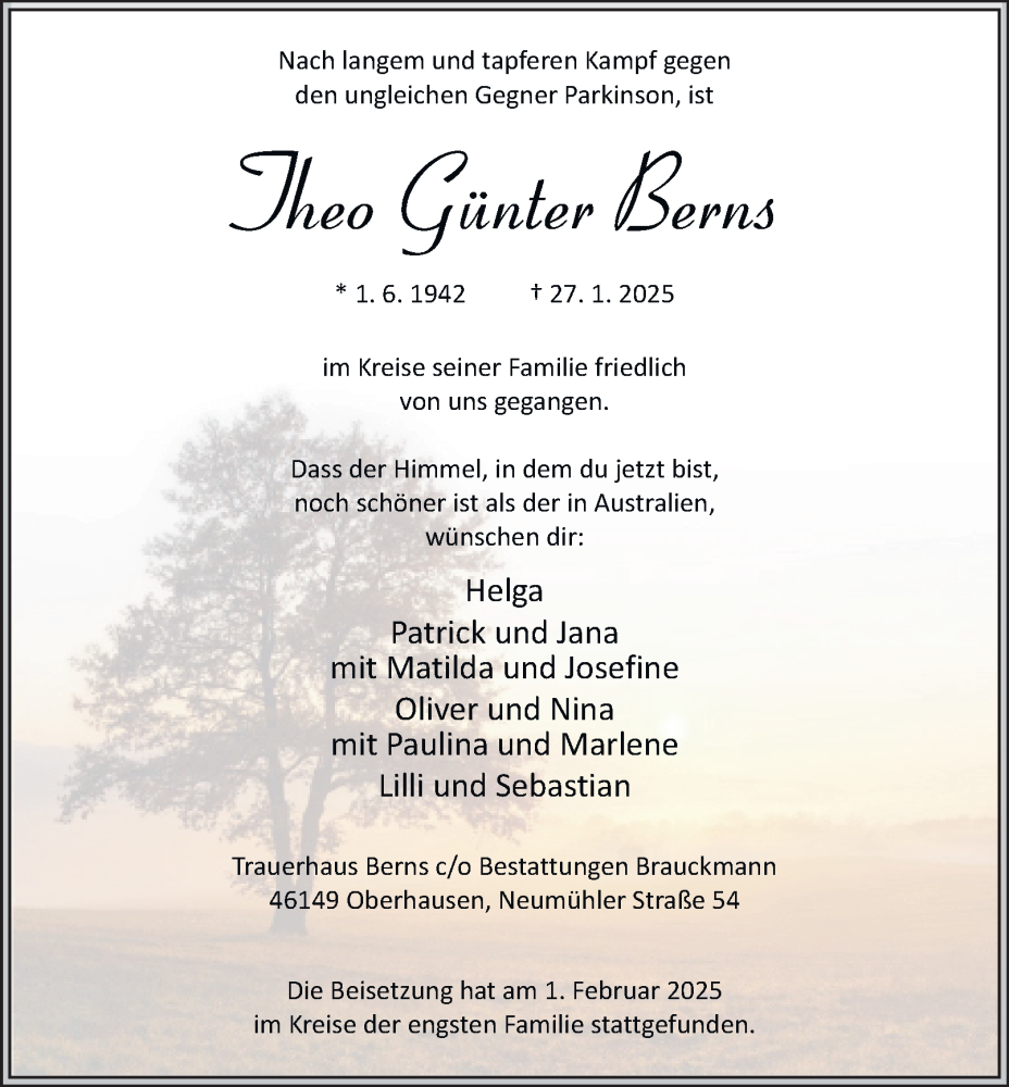  Traueranzeige für Theo Günter Berns vom 08.02.2025 aus Tageszeitung